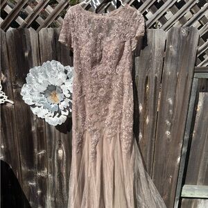 Azazie Taupe Lace Mother of the Bride Gown